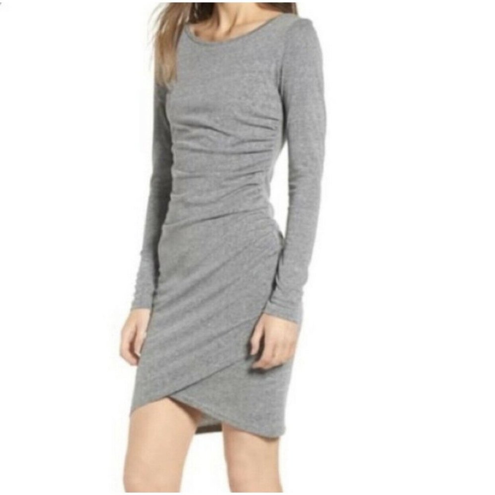 LEITH Dress Gray Size Large Faux Wrap Long Sleeve Side Ruched Women